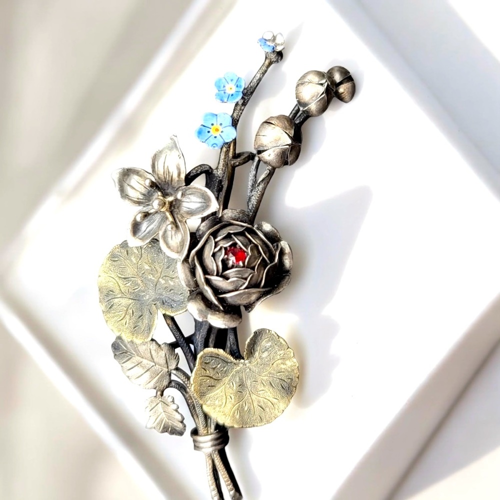 Silver and gold Antique Victorian Floral Brooch with Blue enamel Flowers